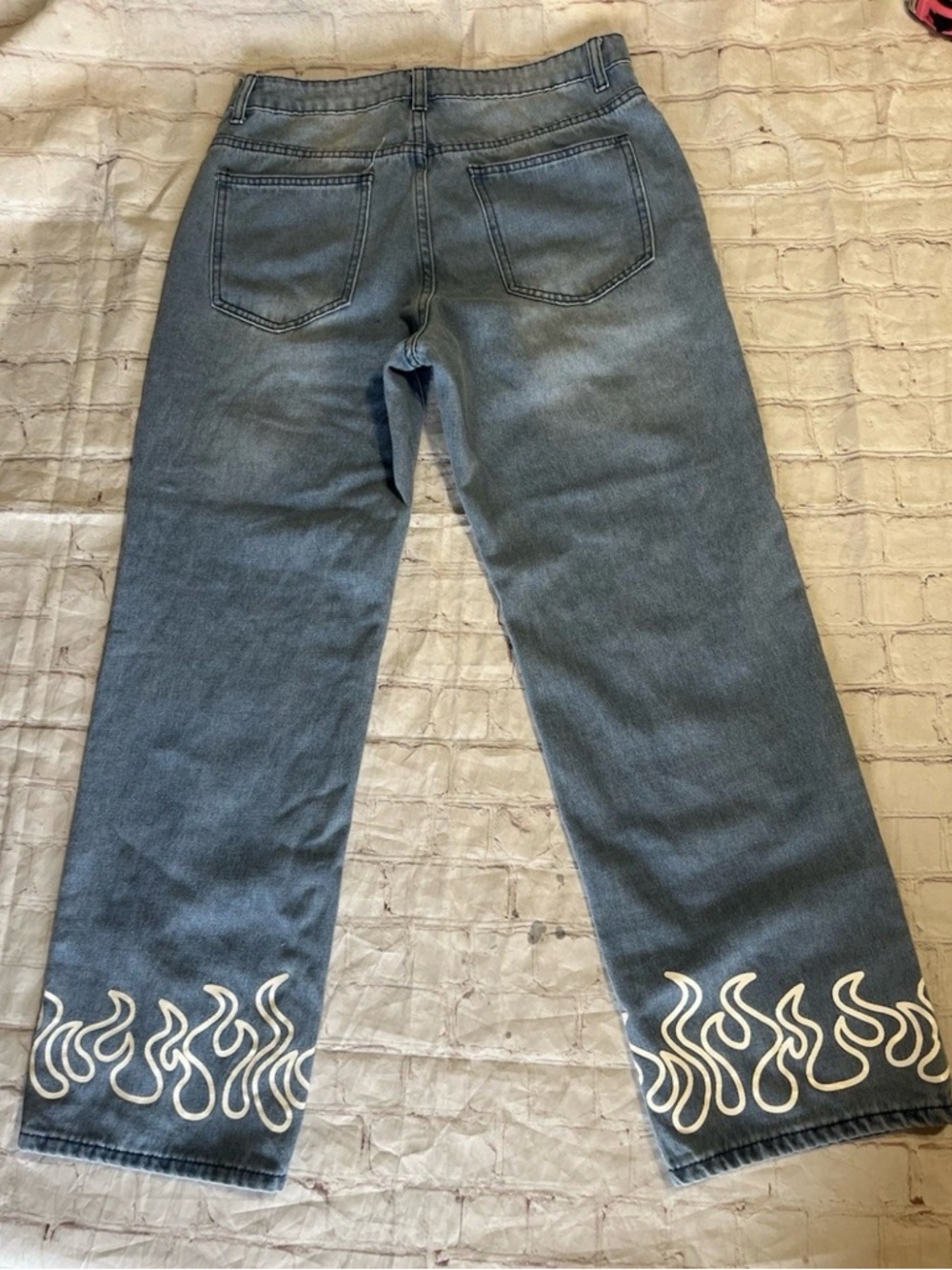 Manfinity Flame Jeans Y2K Streetwear Blue Denim Wide Leg Womens Small 32x30 - Picture 4 of 13
